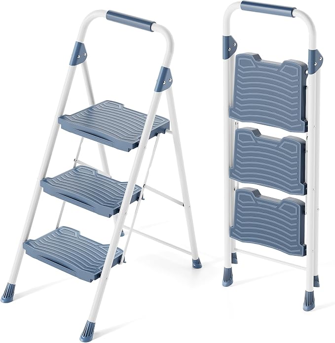 KINGRACK 3 Step Ladder, 900lbs Sturdy Step Stool with Handrail, Non-Skid Wide Pedals, Foldable 3 Stepladder with Safety Locking for Home, Garage, Garden, Office, Blue