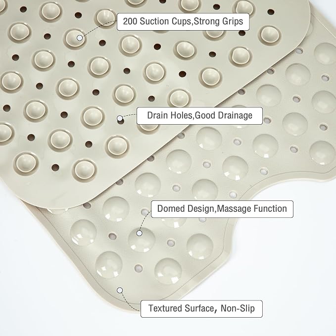 Extra Long Bathtub Mat Non Slip, Beige Soft Bath Mat for Tub 40 x 16 Inch Full Size, Bath Tub Shower Mats for Bathroom Floor with Big Suction Cups and Drain Holes, Easy Washable, BPA Free