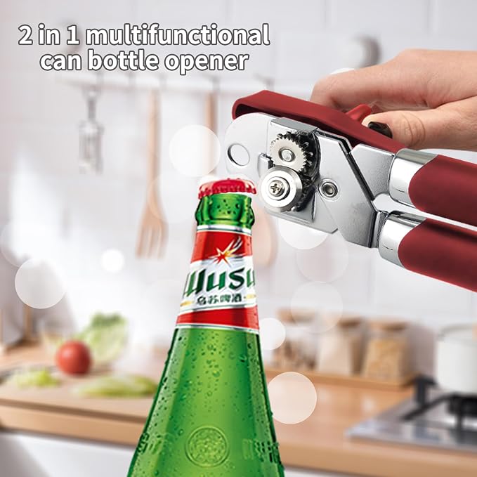 Safring Can Opener Manual, Handheld Strong Heavy Duty Stainless Steel Can Opener, Comfortable Handle, Sharp Blade Smooth Edge, Can Openers with Multifunctional Bottle Opener, Red