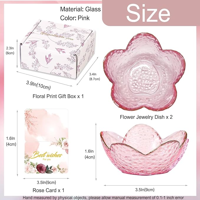 Gifts for Women Trinket Dish Flower Jewelry Dish Pink Glass Ring Holder Jewellery Tray Cute Room Decor Aesthetic Bedroom Accessories Unique Birthday New Home Mothers Day Gifts for Women Friends(2 pcs)