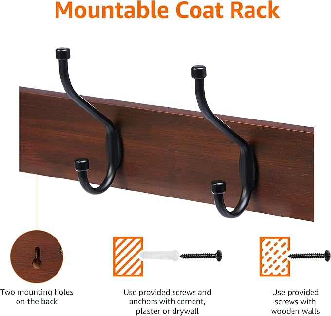Amazon Basics Rectangular Farmhouse Wall-Mounted Coat Rack for Entryway and Bedroom, Storage Organizer, 5 Double Hooks, Light Walnut | Farmhouse