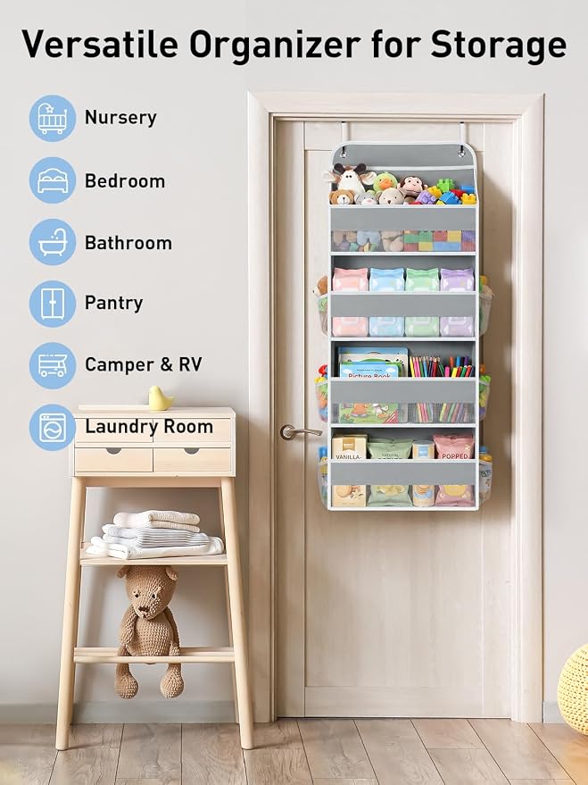 Yecaye Over the Door Organizer, Stuffed Animal Storage, Bathroom Organizers and Storage for Nursery Newborn Baby Essentials Stuff Dorm Room, Widen by 7cm, Deepen by 3cm, Grey 4 Tier Extra-Large