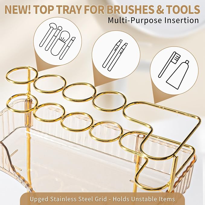 shuang qing Upgraded 2-Tier Corner Bathroom Countertop Organizer – Spacious Storage for Makeup, Skincare & Perfumes, Built-in Brush Holder Fits Vanity/Dresser/Bsthtub (Vintage Gold)