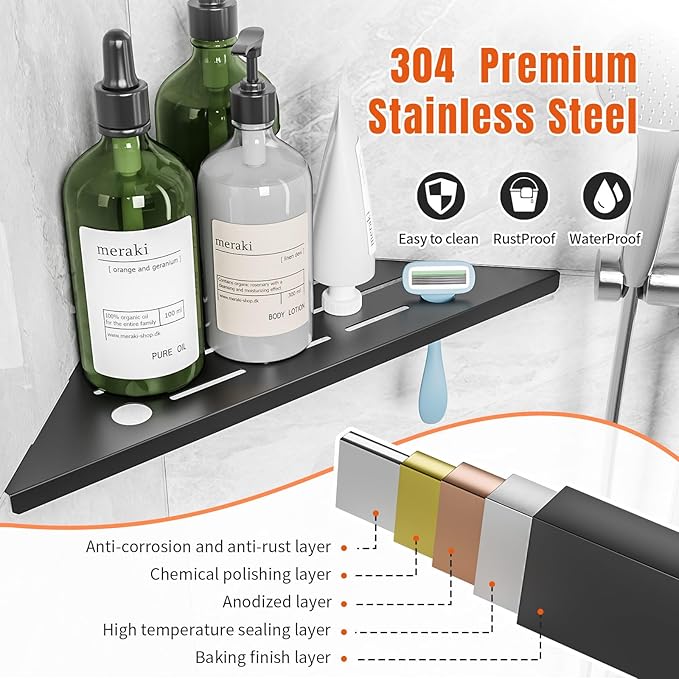 Corner Shower Shelves with Razor Hole, Modern Sturdy Shower Shelves Corner, 10" 304 Stainless Steel Shower Organizers Corner Shelf for Tile Wall, No Drilling Grout Mount Bathroom Shelf