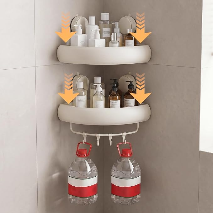 Corner Shower Caddy Suction Cup,2 Pack Cream White No-Drilling Shower Shelves,Rust Proof Shower Racks for Inside Shower with Removable Hooks and Towel Bar
