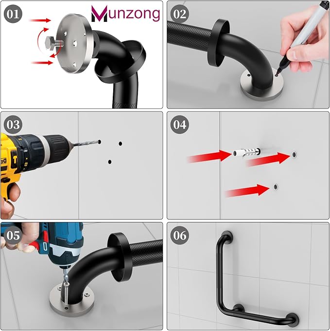 16 Inch L-Shaped Black Bathroom Grab Bars with 20 Inch Straight Munzong Toilet Handicap Grab Rail,Anti Slip Stainless Steel Knurled Safety Handle Support Elderly Injury Senior