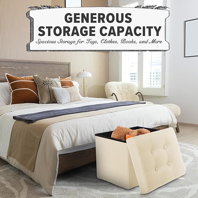 LINMAGCO Storage Ottoman Folding Foot Stool Foot Rest with Side Pocket Modern Ottoman with Storage Short Sofa Stool Linen Cloth 17x13x13(Beige)
