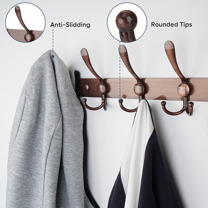 TICONN Wall Mounted Coat Rack, Five Heavy Duty Tri Hooks All Metal Construction for Jacket Coat Hat in Mudroom Entryway (Antique Bronze, 2-Pack)