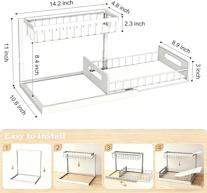 2 Pack Upgraded Under Sink Organizer, 2 Tier Pull out Kitchen Cabinet Organizer Metal Slide out Bathroom Organizers and Storage Makeup Drawer Organizer for Office Bedroom Restroom Living Room, L-White
