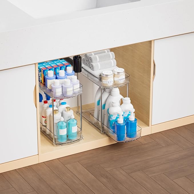 4 Pack Large Pull Out Bathroom Organizers and Storage,2 Tier 12.8″ Tall Sliding Kitchen Under Sink Organizer for Cleaning Products Storage,Acrylic Clear Bathroom inder Sink Organizer,Undersink Storage