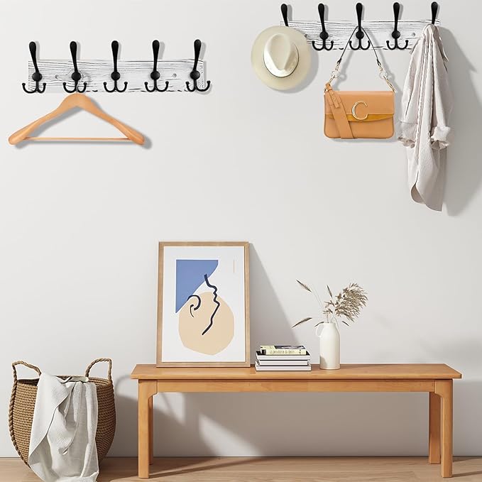 Kuhome 2pcs Coat Rack Wall Mount Wooden Hat Rack for Wall Hooks Pine Real Wood Plank 16.9" Old White Coat Hanger with 5 Black Triple Hooks for Hanging Coat Hat Jacket