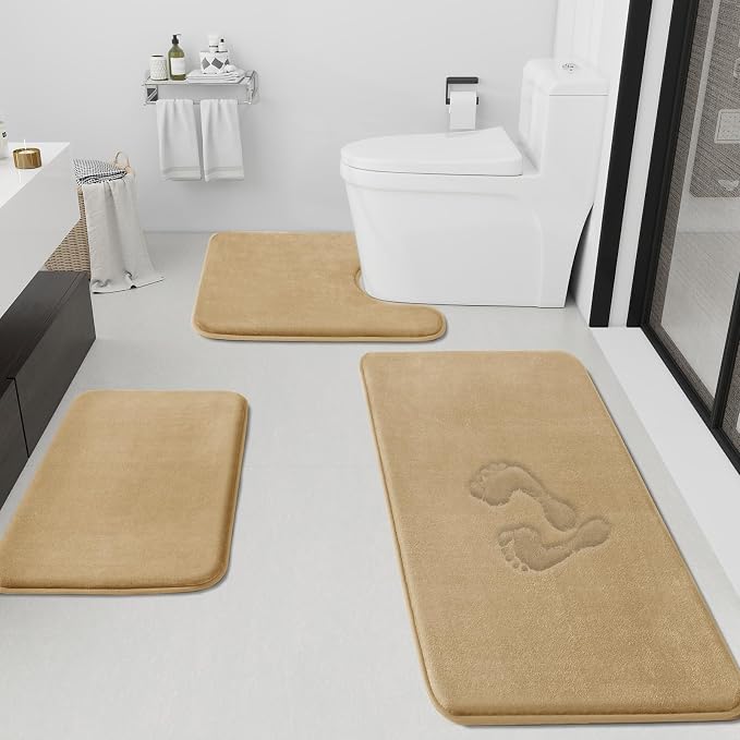HUXMEYSON Bathroom Rugs Sets 3 Piece, Non-Slip & Quick Dry Bath Mat Set, Ultra Soft Velvet Bath Rugs for Bathroom, Toilet and Shower Floor, Khaki