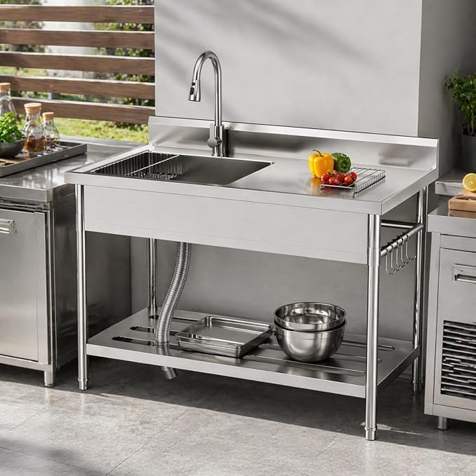 Gray Utility Sink, 47 x 22 x 37 Inch Freestanding Stainless Steel Single Bowl Laundry Sink With Pull-Down Faucet, Large Workbench Top, Modern Metallic Finish for Garage, Mudroom