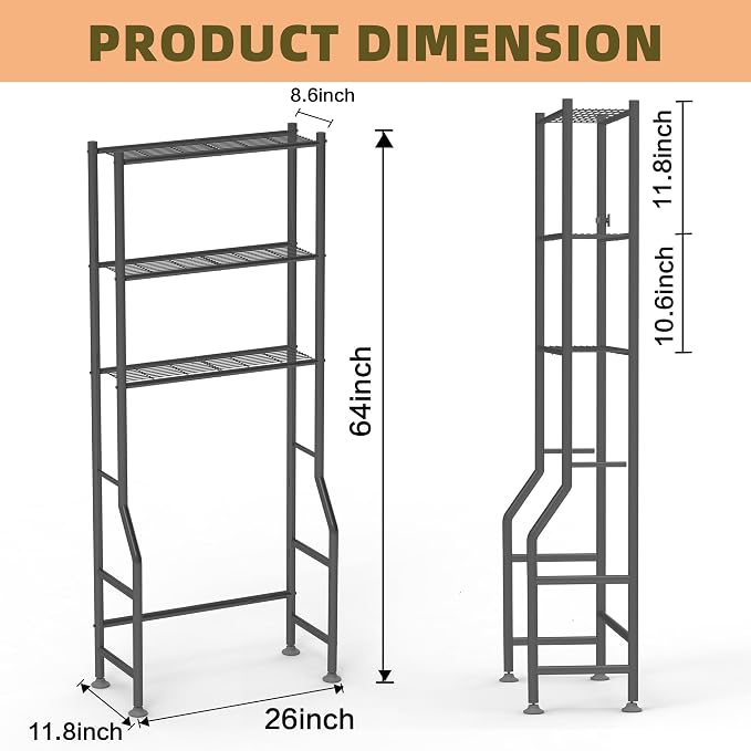 Livilord 3-Tier Over The Toilet Storage Rack, Space Saver Metal Bathroom Shelves, Freestanding Over Toilet Bathroom Organizer for Bathroom/Living Room (Black)