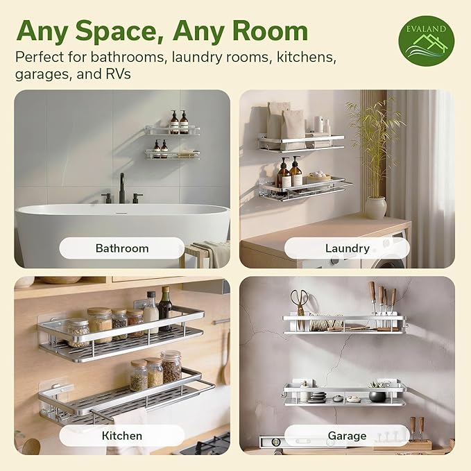 EVALAND Shower Caddy Adhesive 2-Pack with Hooks and Rod for Towels, Silver – Premium Bathroom Shower Shelves, Shampoo Organizer, Bathtub Shelf, Rustproof, Easy Installation, Sturdy Modern Look
