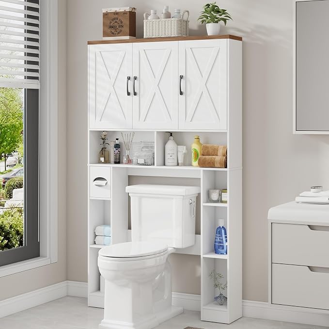 Over The Toilet Storage Cabinet,Farmhouse Toilet Cabinet Rack with 3 Barn Doors,Space Saving Bathroom Organizer with Shelves,Toilet Paper Holder & Towel Rack for Bathroom,Restroom,Laundry,Unique White