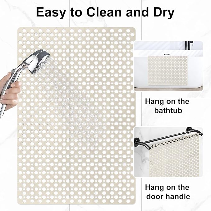 Anti Slip Shower Mat with Suction Cups,31.5x47.2 Inch Quick Drain TPE Non Slip Shower Mats for Inside Shower,Large Bath Mat for Shower Soft on Feet, Easy to Dry&Cut Machine Washable