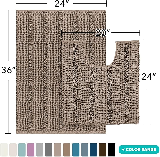 Turquoize Chenille Bathroom Rugs Set Non-Slip Bath Mats for Bathroom Super Absorbent Shaggy Rugs for Tub Shower Toilet Bath Rug Plus U Contour Rug(Oversized: 24" x 36" and 20" x 24" U), Taupe Brown