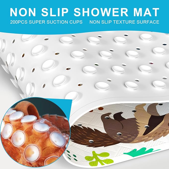 XIYUNTE Baby Bath Mat for Tub Non Slip Kids, BPA Free Extra Long Bathtub Mat 40x16 with Drain Holes and 200 Suction Cups, Non Toxic Machine Washable Toddler Bath Mat, Eco-Friendly Certified