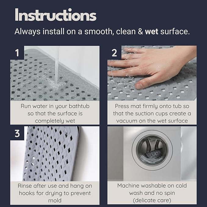 Bathtub Mat Non Slip 35x16 - homerella® Bath Mat Incl. Hooks for Drying, Extra Long, 100% BPA Free, Shower Mat Non Slip Anti Mold, Machine Washable, Shower Mats for Inside Shower Mildew Resistant