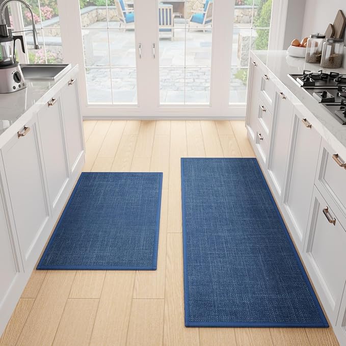 SUMLANS Kitchen Mat Set of 2 PCS, Cushioned Non Slip Rugs for Kitchen Floor, Absorbent Runner Comfort Standing Mats Washable for Kitchen, Office, Home (Dark Blue, 17.3"x47"+17.3"x30")