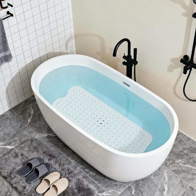 Anti-Slip Bathtub Shower mat, 40×16 inch（ 100 × 40cm） Soft Oversized Machine Washable Non-Slip Bathtub mat with Drainage Holes, Bathroom Floor Suction Cup.（1-Opaque White）