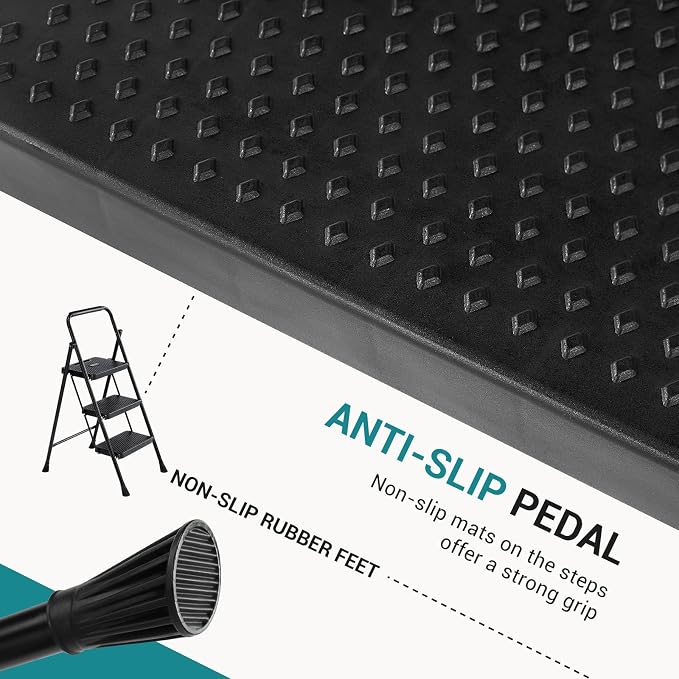 OLIXIS 3 Step Ladder, 880lbs Heavy Duty Sturdy Step Stool with Anti-Slip Pedal & Comfortable Handrail, Portable Step Stool for Kitchen, Garage & Outdoor Use, Black
