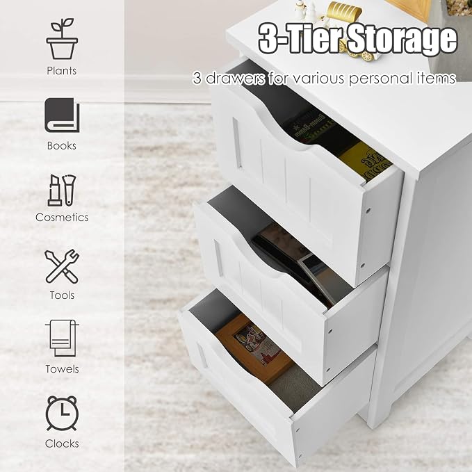 Floor Cabinet with 3 Drawers, Freestanding Side Storage Organizer, Wooden Storage Cabinet for Bathroom Home Office Living Room(White)