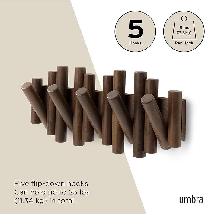 Umbra Picket Wall-Mounted Coat Rack Rail Hook with 5 Retractable Wood Pegs – Modern, Space-Saving Storage Organizer, Walnut