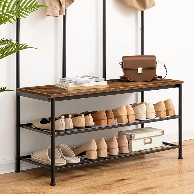HOOBRO Hall Tree with Bench, Entryway Bench with Coat Rack, Mud Room Rack with 12 Double Hooks and Shoe Storage, Coat Tree, Shoe Rack Organizer, for Foyer, Front Door, Rustic Brown BF05MT01