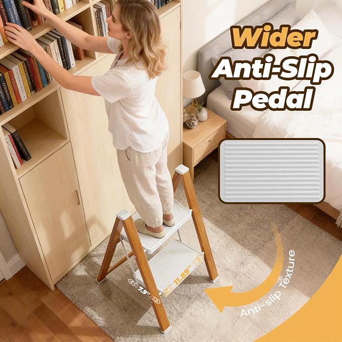 HBTower Step Ladder, Aluminum Foldable Step Stool with Anti-Slip Wide Pedal, Lightweight Step Ladder for Home Kitchen Office - WhiteWoodgrain