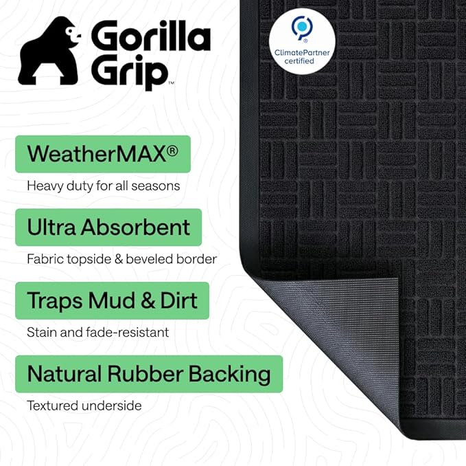 GORILLA GRIP 100% Waterproof All-Season WeatherMAX Doormat, 60x24, US Designed Natural Rubber, Stain and Fade Resistant, Low Profile Indoor Outdoor Door Mats, Easy Clean Patio Mat, Midnight Maze