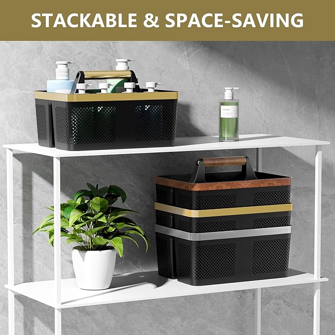 BYUNER Shower Caddy Dorm Men: Plastic Bathroom Caddy Organizer with Handle and Holes, Bath Caddy for College Dorm, Portable Shower Basket Tote for Toiletry, Travel, GYM, Camp Essentials Black/Gold