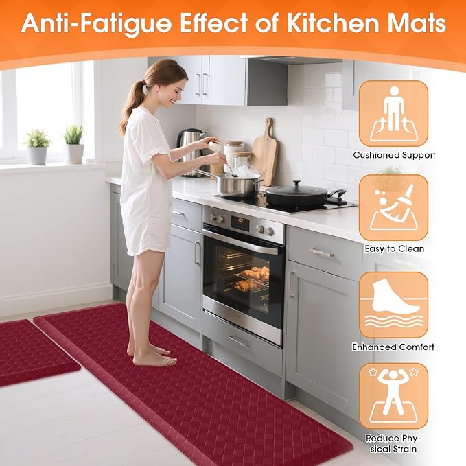 TranquilRelax 4/5 Inch Thick 2-Piece Anti-Fatigue Kitchen Mats, Cushioned Non-Slip Waterproof Sink & Stove Floor Mats, Comfortable Standing Rug Set for Kitchen, Laundry & Entryway, Red