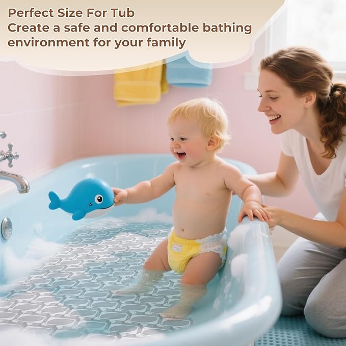 Bathtub Mat Non Slip for Bathroom with Suction Cups and Drain Holes 35.4 * 15.7 Grey Shower Mat for Inside Shower, Quick Dry Bath Mat for Kids Seniors Pregnants Adults, Easy to Cut, Easy Dry