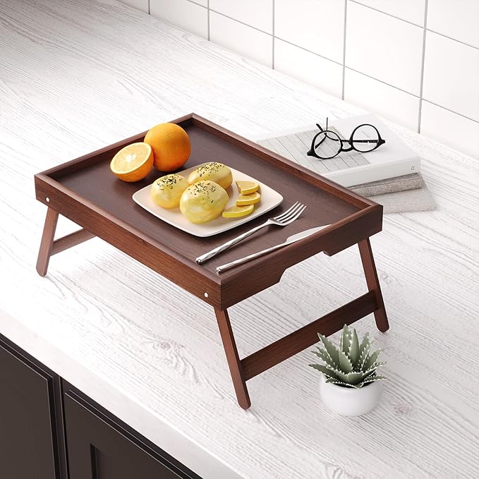 Fibogollo 2 Pack Bamboo Bed Tray Table with Folding Legs,Breakfast Trays,Serving Tray for Food and Snack,Laptop Trays for Working(Brown)