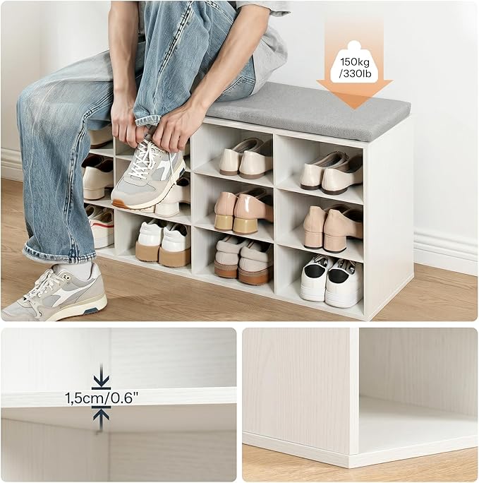 HOOBRO Shoe Storage Bench with Cushion, 39.4" L Entryway Bench with 12 Cubbies, Entryway Hall Tree with Storage, Cubby Shoe Rack Bench with Coat Rack for Hallway, Holds up to 330 lb, White WT112HX01