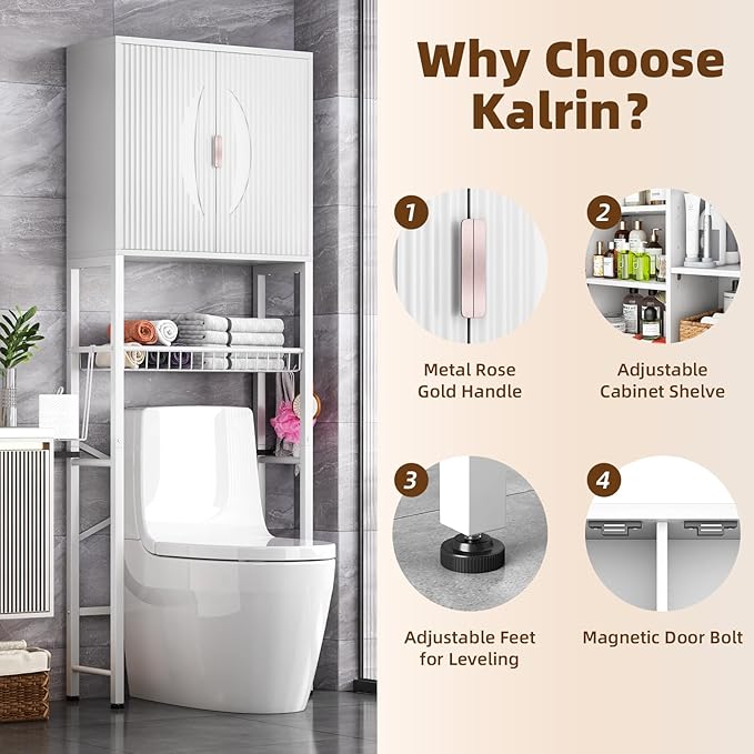 Kalrin Over The Toilet Storage Cabinet with Fluted Wave Doors and Adjustable Shelf, Wood Over Toilet Storage Rack with Drain Basket, Freestanding Bathroom Organizer for Balcony Laundry, Pure White