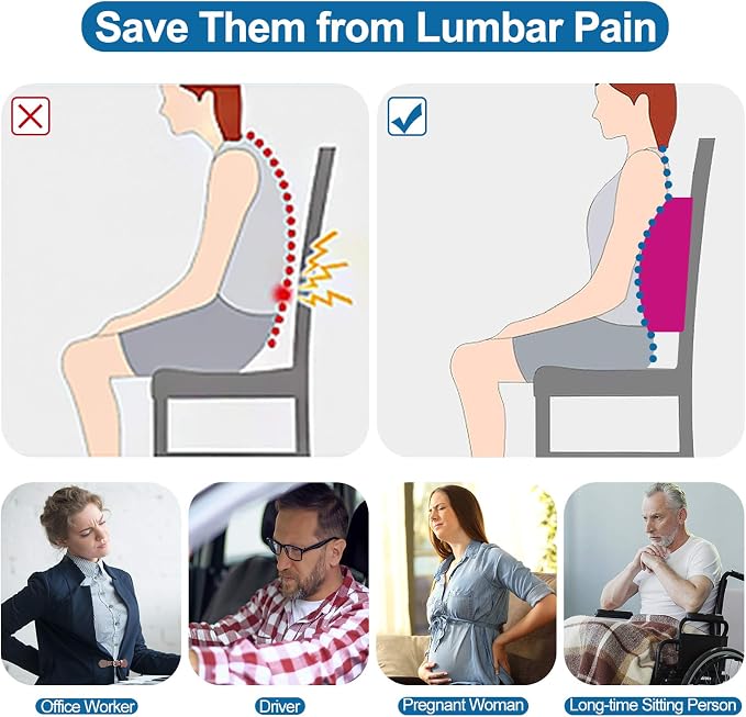 Lumbar Pillow for Chair and Car, Back Support for Office, Memory Foam Cushion with Mesh Cover - Pink