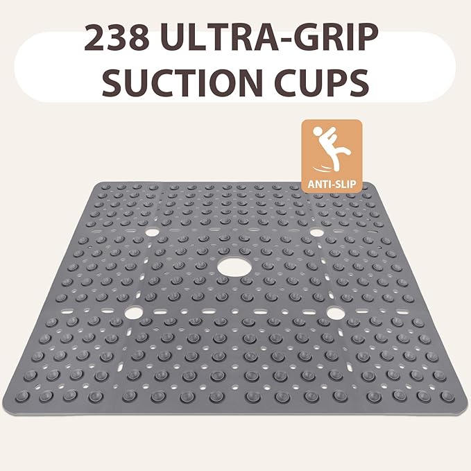 ZOESOE Square Shower Mat Non Slip: 27 x 27 Inches Large Shower Mats for Inside Shower, Soft TPE Shower Floor Mat with Suction Cups and Drain Holes, Machine Washable