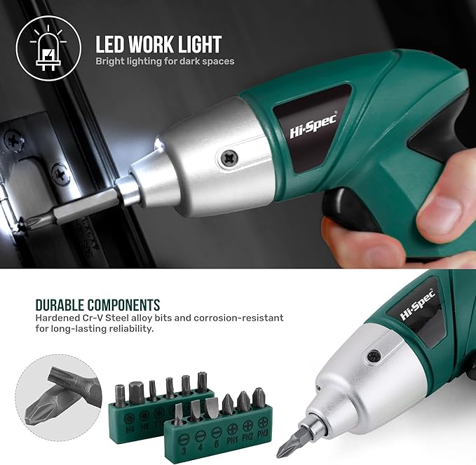 Hi-Spec 3.6V Cordless Electric Screwdriver Set with Interchangeable Bits, Green