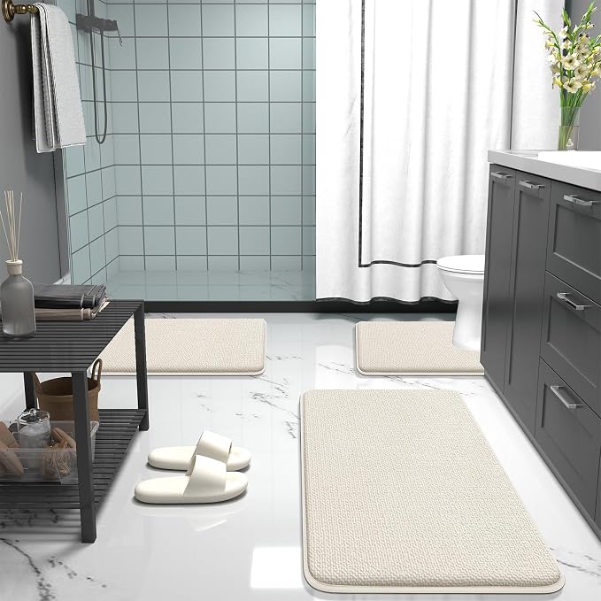OLANLY Thick Memory Foam Bathroom Runner Rugs 47x20, Extra Soft Absorbent Long Bath Rug, Quick Dry Bath Mats, Non-Slip, Machine Washable Mat for Bathroom, Tub and Shower, Home Decor Accessories, Ivory