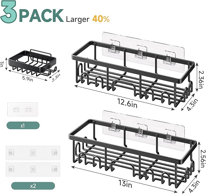 Veken Shower Caddy 3-Pack, Advanced Rustproof Design, No Drilling Adhesive Shelves, Rack with Soap Holder, Large Capacity Bathroom Organizers and Storage, Wall-Mounted Kitchen & Home Decor, Black