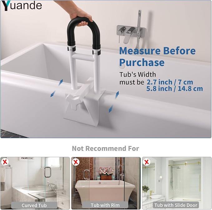Bathtub Grab Bar, YuanDe 20 x 6 Inch Adjustable Bathtub Safety Rail with Height & Width Adjustment, Heavy-Duty Tub Handle for Elderly Seniors, Disabled & Injury Recovery
