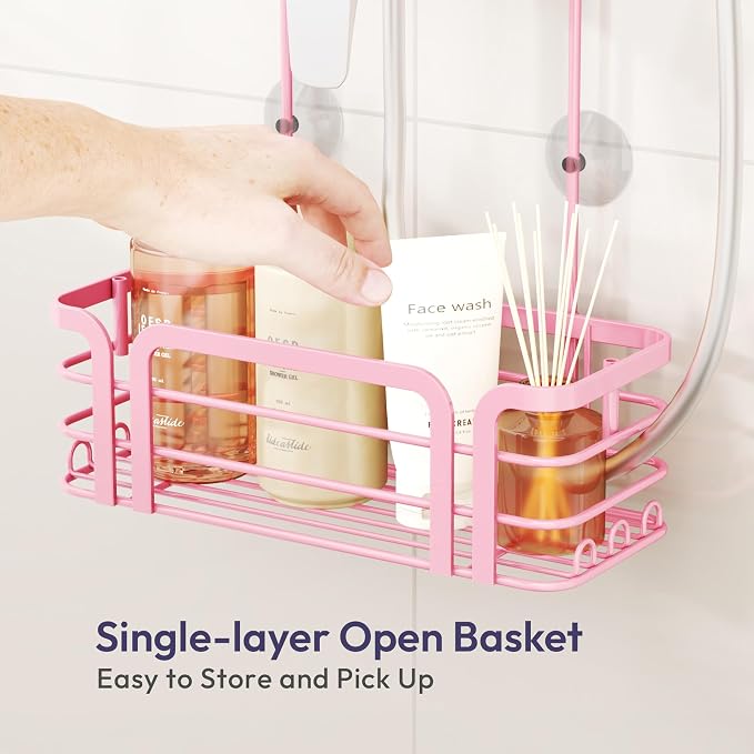 SWTYMIKI Shower Caddy Hanging Organizer - Over the Door Shower Caddy with 6 Hooks, 2 Installation Ways, Stainless Steel Rustproof Bathroom Organizer, Pink Small