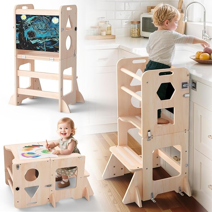Toddler Standing Tower with Anti-Fall Buckle, 4-in-1 Anti-Slip Toddler Kitchen Step Stool with Blackboard, Foldable Wooden Kitchen Stool Helper for Kids, 1-3 Year Old Boy Girl Gifts