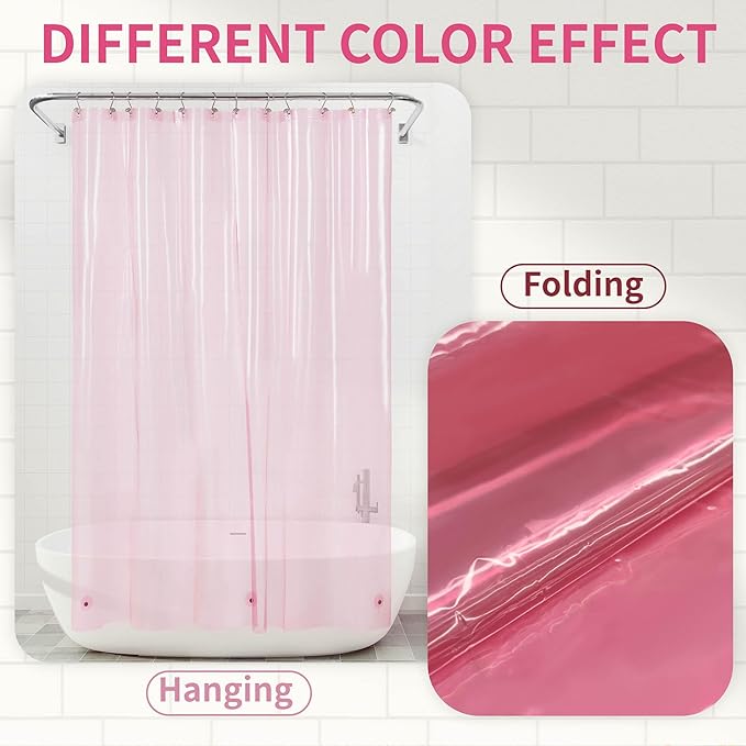 Barossa Design Shower Curtain Liner - Premium Clear Pink PEVA Shower Liner with 3 Magnets and Metal Grommets, Waterproof Lightweight Plastic Standard Size Bathroom Curtains - Translucent Pink