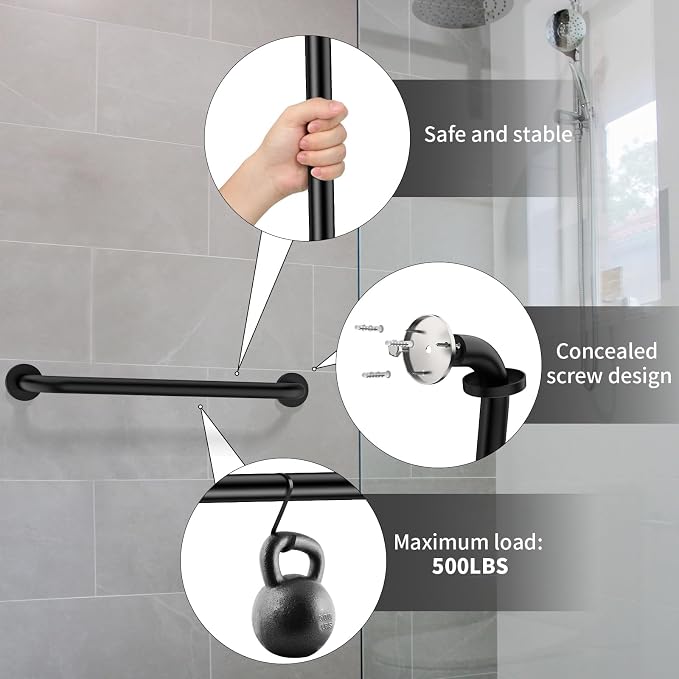 24 Inch Bathroom Grab Bar, ZUEXT Matte Black Safety Handrail for Shower Toilet Bathtub, Wall-Mounted Stainless Steel Handicap Grab Rail for Seniors Disabled Bath Safety Support (1.25" Diameter)