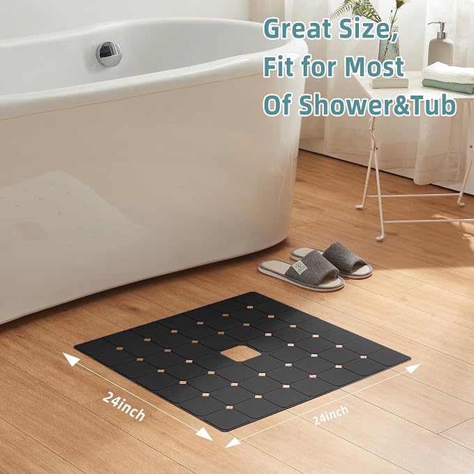 Shower Mat Non Slip Silicone Soft Odorless Bathtub Mat Non Slip No Suction Cups for Refinished,Reglazed and Textured Bath Tub Mat 24 X 24 Inch Black