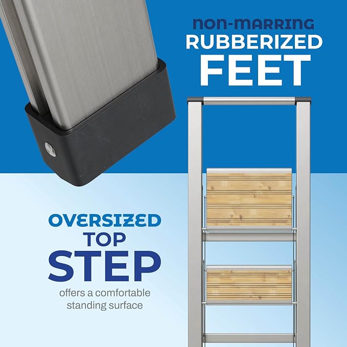 Step Ladder 3 Step Folding, Decorative - Beautiful Bamboo &Silver Aluminum, Ultra Slim Profile, Anti Slip Steps, Sturdy-Portable for Home, Office, Kitchen, Photography Use,By SORFEY